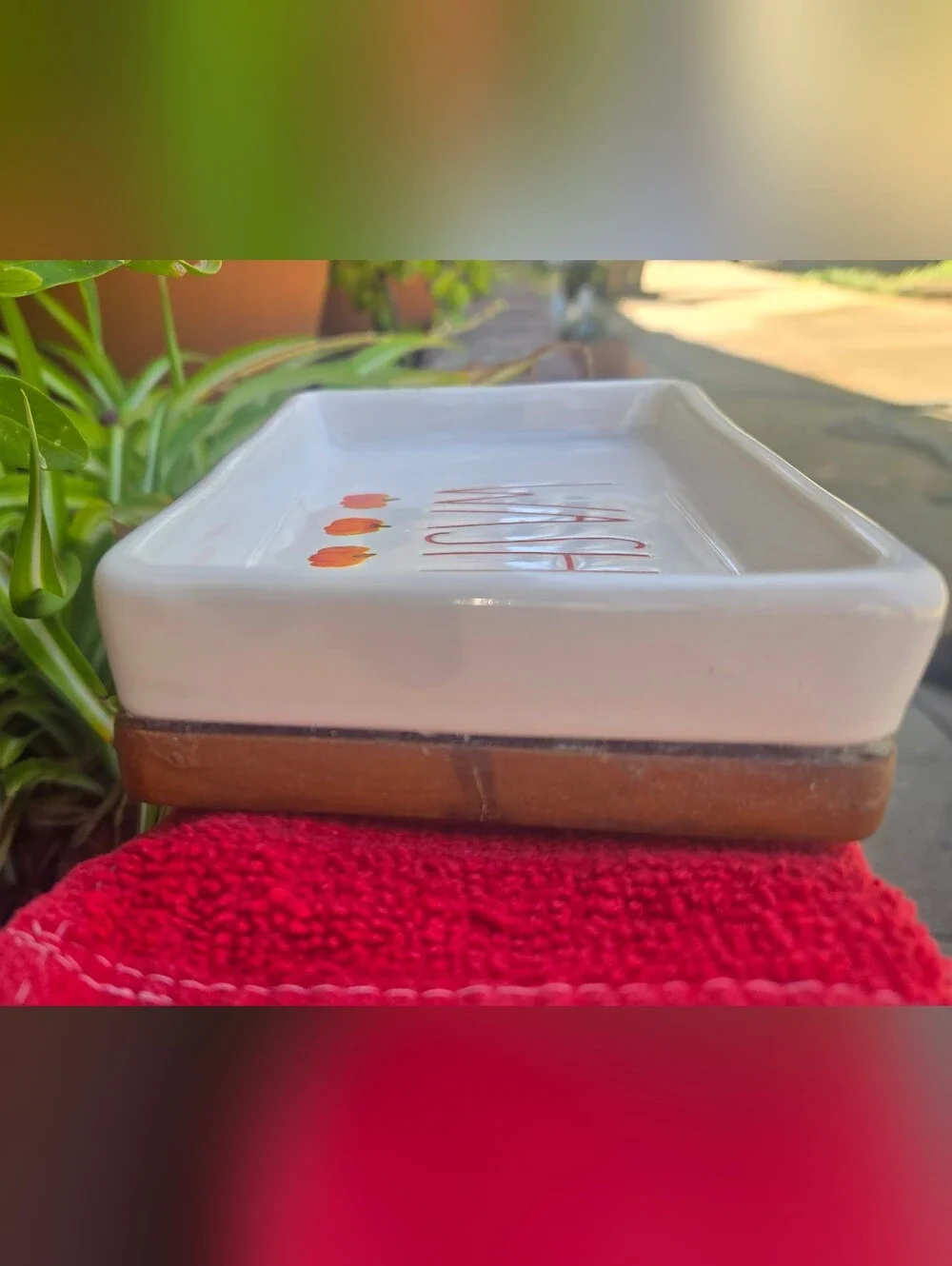 Rae Dunn Cream 'Wash' Bath Soap Dish with Orange Pumpkin Accents